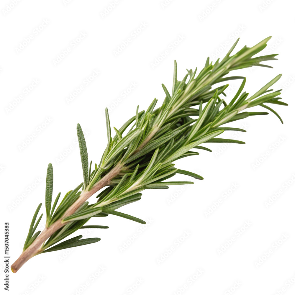Fototapeta premium Rosemary woody herb isolated fresh and green on a white background highlighting its fragrant needle leaves