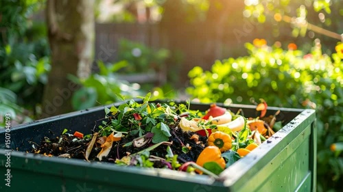 Organic waste in compost bin outdoors