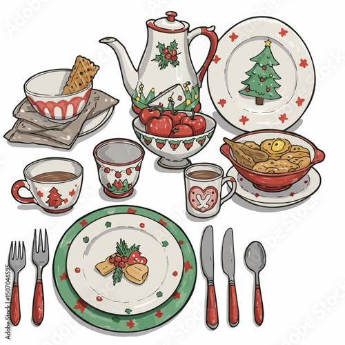 Traditional Christmas dinnerware set with festive decorations  