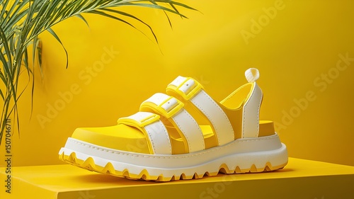 Classic themed sandals with tree decoration on the left and a yellow background 