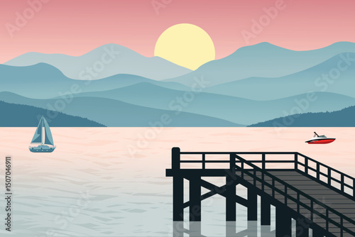 Tropical Lake Sunset with Pier and Boats Against Vibrant Sky and Misty Mountains Under a Glowing Sun. Peaceful Nature Illustration at Dusk