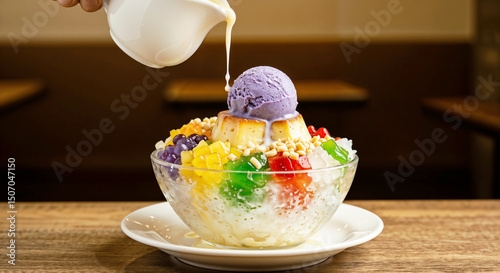 Filipino halo-halo dessert with colorful toppings and syrup drizzle  