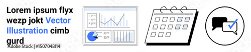 Data charts on a dashboard, a calendar for scheduling, and a chat bubble with a checkmark for communication. Ideal for business tools, planning, productivity, strategy, teamwork, analytics