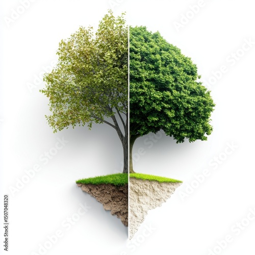 A split tree illustrating seasonal changes and ecological balance.