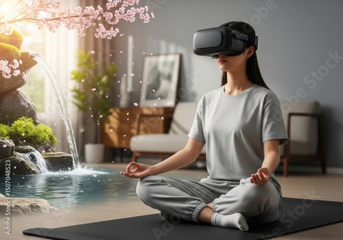 Person VR Headset Meditating Tranquil Futuristic Zen Garden