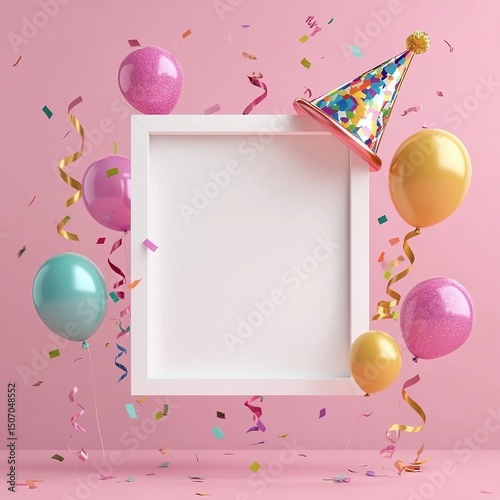 3D rendering of a cute birthday party frame with balloons, confetti, and a hat on a pink background. Blank white square photo or poster template for advertising. Birthday concept design illustration.