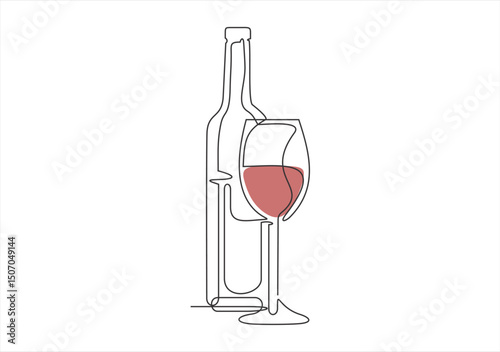 Continuous line drawing of wine bottle and glasses. Template for your design works. Vector illustration.
