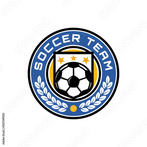 circle blue football logo badge with a soccer ball illustration. sport team logo vector template.
