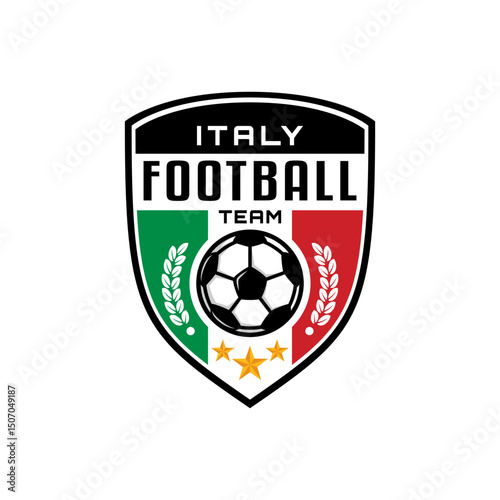 shield shape football logo badge with a italian flag color and soccer ball illustration. sport team logo vector template
