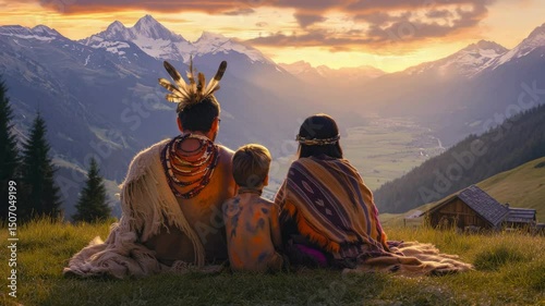 An Aboriginal family sits peacefully on a rocky outcrop as they look out over a vast valley illuminated with golden and orange light at sunset.