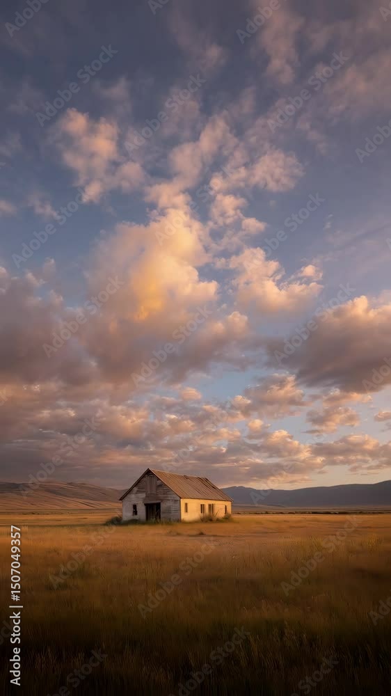 Idyllic scene of an old weathered barn standing in a golden field with distant mountains and colorful clouds at sunset creating a nostalgic landscape. Idyllic scene of an old weathered barn standing in a golden field with distant mountains and colorful clouds at sunset creating a nostalgic landscape.