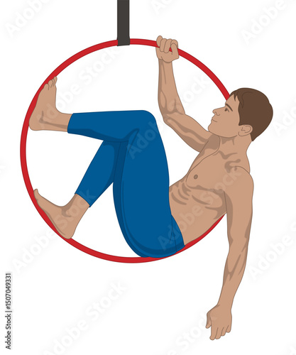 aerial hoop acrobatics and sports, flexible male artist in a suspended pose using an aerial hoop isolated on a white background