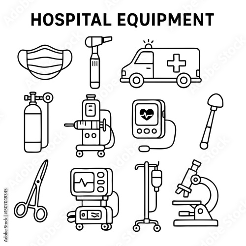 Detailed Hospital Line Art Icons Set – 12 Medical Tools