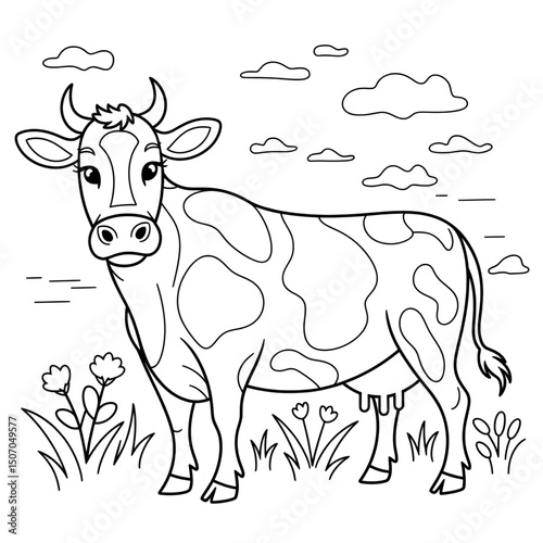 A black and white cow illustration line art of a coloring page