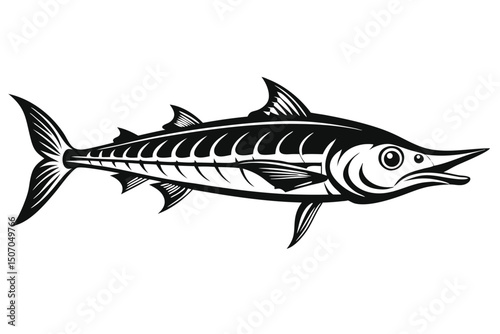 Black and White Graphic Illustration of Swordfish Featuring Fins, Tail, and Bill