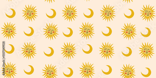 Vector seamless pattern with sun, moon and stars. Mystical ornament in retro cartoon style for greeting card, wallpaper, wrapping paper, fabric. Bohemian art illustration