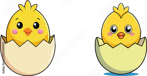 set of two chicks out of eggshell cartoon character vector illustration