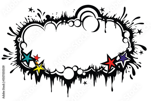 Abstract with Black Drips, Splatters, Ornate Circles, and Colorful Stars