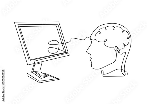 Brain with digital with laptop. Machine learning, artificial intelligence, digital brain and artificial thinking process concept. Vector isolated illustration.
