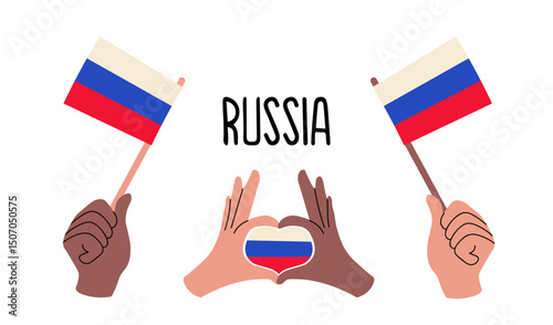 Vector illustration of Russian flags held by diverse hands forming a heart shape filled with the Russia flag. Perfect for Russian patriotic events, travel themes, and national celebrations.