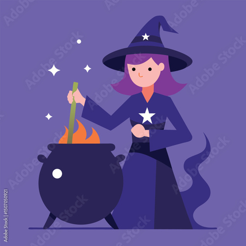 Witch brewing potion in cauldron flat design vector illustration