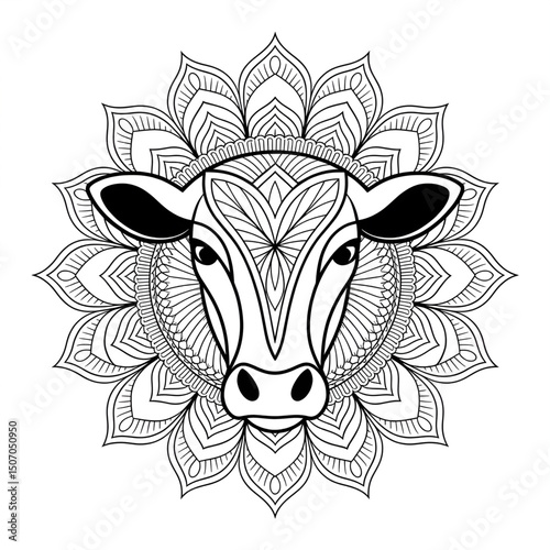 A black and white mandala cow head illustration line art of a coloring page