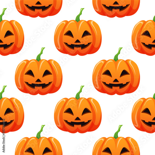 Seamless Halloween pattern with smiling carved pumpkin in cartoon on white background. Perfect for seasonal wrapping paper, festive decor and spooky autumn holiday design.
