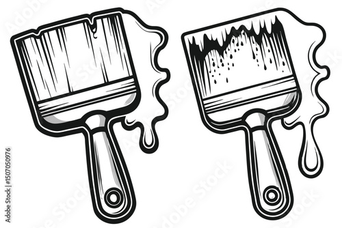 Two paintbrushes, dripping paint, black & white art. Modern, simple, clean design