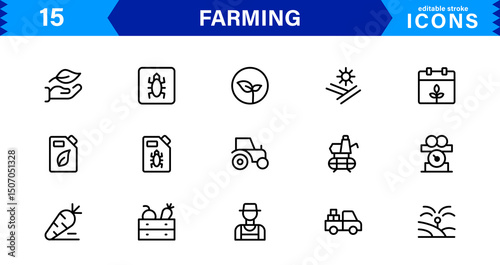 Modern Farming Icon Set Featuring Agriculture, Harvest, Tractor, Crop, and Eco Concepts in a Clean, Professional, and SEO-Optimized Vector Style