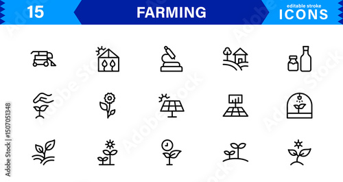 Modern Farming Icon Set Featuring Agriculture, Harvest, Tractor, Crop, and Eco Concepts in a Clean, Professional, and SEO-Optimized Vector Style