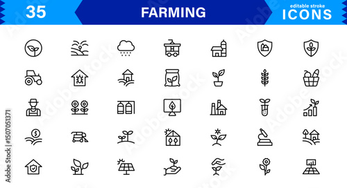 Modern Farming Icon Set Featuring Agriculture, Harvest, Tractor, Crop, and Eco Concepts in a Clean, Professional, and SEO-Optimized Vector Style