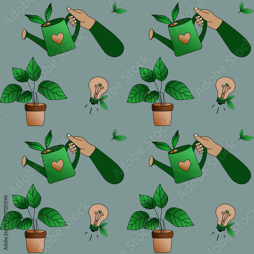 Eco-friendly seamless pattern with houseplants, light bulbs, and hands watering greenery. Ideal for sustainable brands and nature-themed product design.