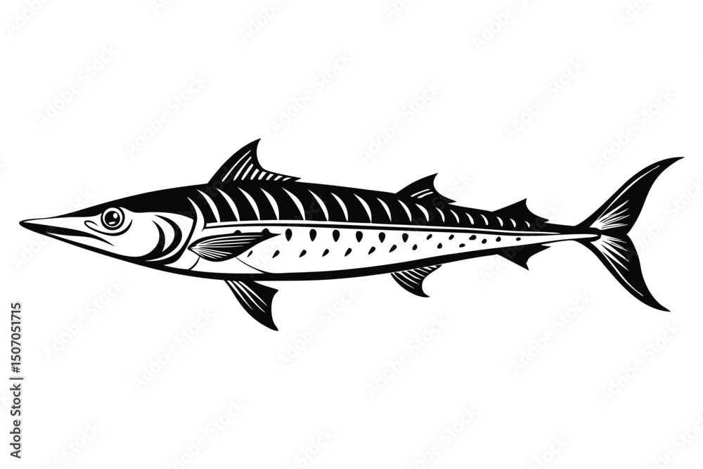 Naklejka premium Black and White Illustration of a Barracuda Fish with Distinct Markings and Sharp Fins