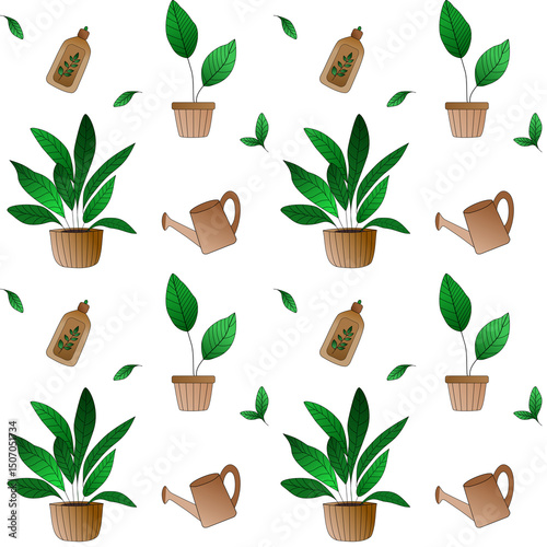 Seamless pattern with houseplants, watering cans, leaves, and fertilizer bottles. Clean eco-themed design perfect for gardening and plant care projects.