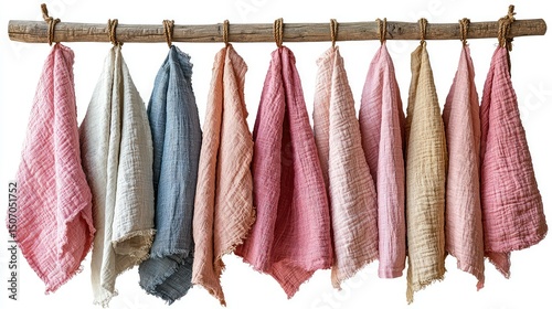 A collection of textured, hand-dyed cloths hanging on a wooden branch.