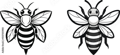set of  two black and white honey bees logo vector illustration