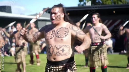 Maori Warrior Dance, Tattooed Chest, Traditional Weapon, Cultural Performance