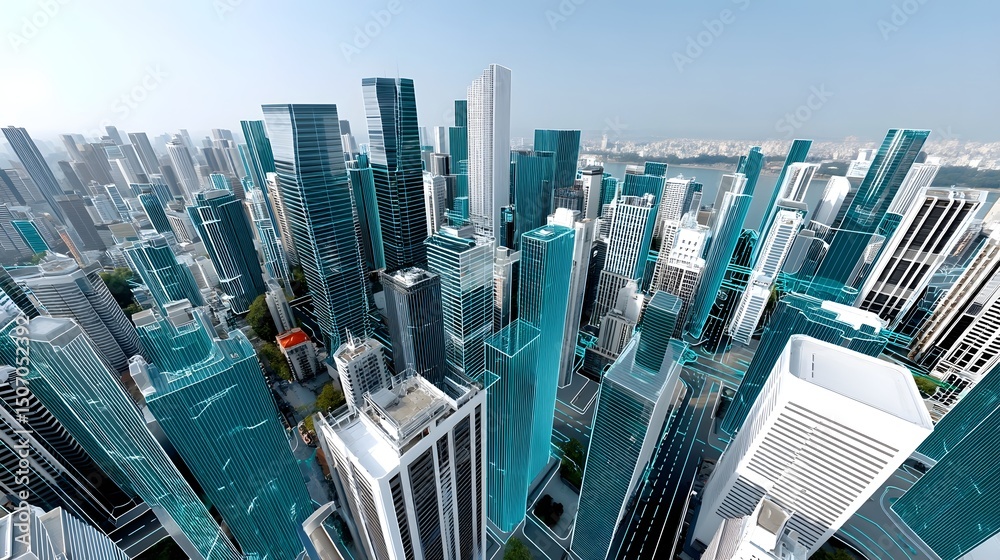 Obraz premium Futuristic cityscape of towering skyscrapers and modern architecture