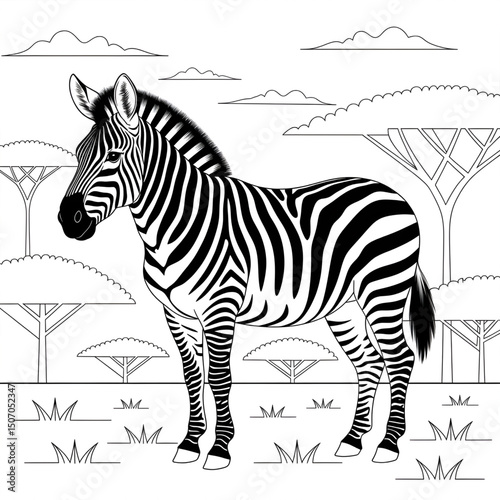 A black and white zebra illustration line art of a coloring page 