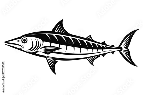 Black and White Barracuda Illustration with Detailed Fins and Gills in Striking Monochromatic Design