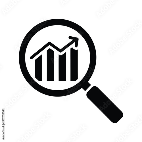 Black Magnifying Glass Examining Chart, Growth, Business, Upward Arrow, Isolated Icon