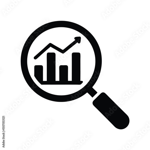 Magnifying Glass Reveals Upward Bar Chart. Business analysis Icon in black tone