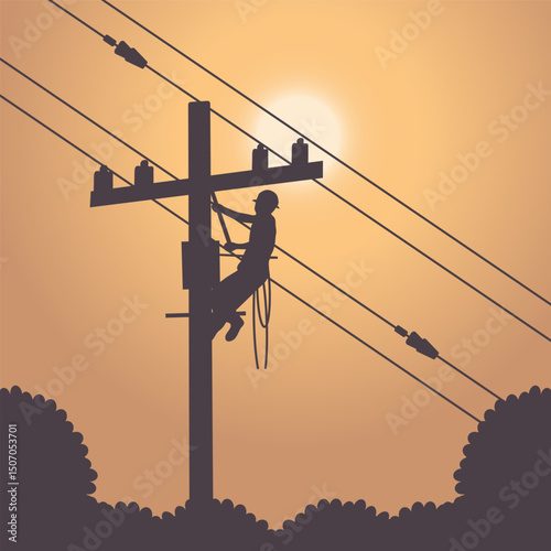 illustration of lineman with electrical installation on the city for electrical service vector