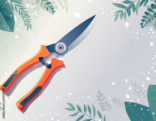 Illustrated herb shears appear close up across blank area emphasizing sharp blue gray blades and ergonomic grip surrounding leaf silhouettes