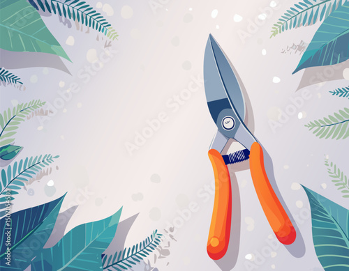 Illustrated herb shears appear close up across blank area emphasizing sharp blue gray blades and ergonomic grip surrounding leaf