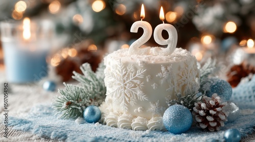 Snowflake winter birthday cake with number 29 candle, holiday season content, Christmas theme photo