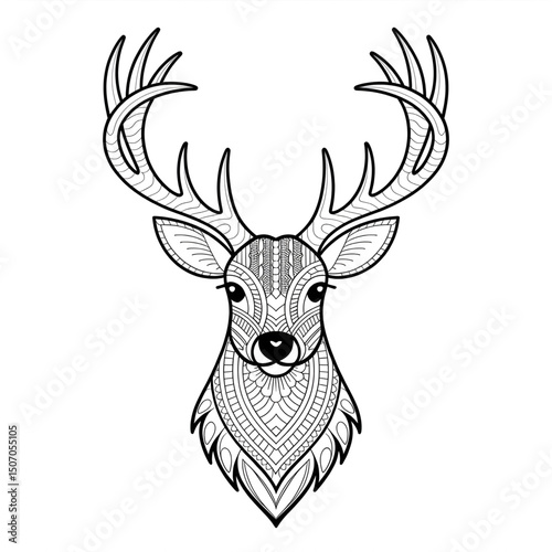 A black and white mandala head deer illustration line art of a coloring page