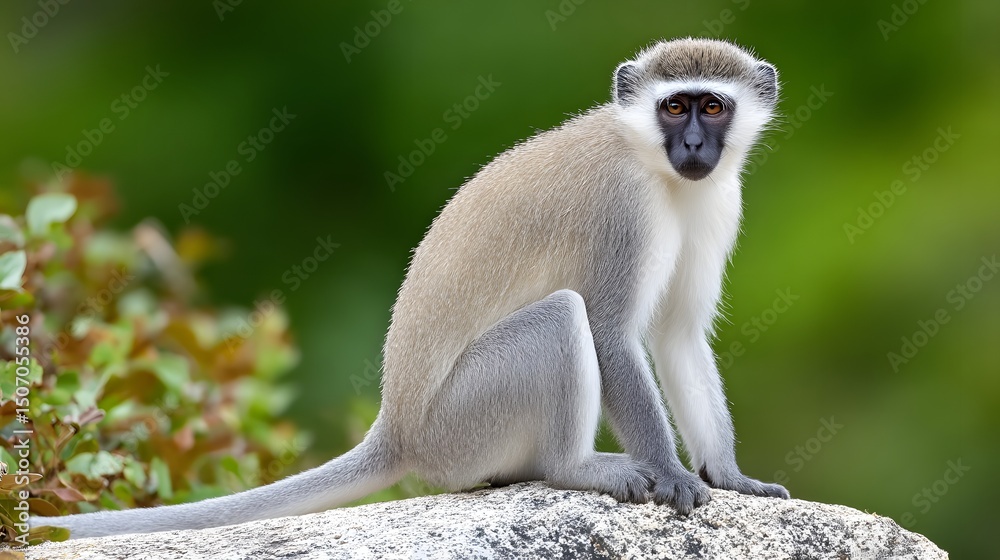 Obraz premium Vervet monkey sitting alert on rock in natural environment