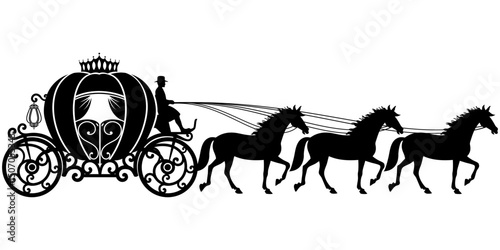 Silhouette illustration of a pumpkin-shaped carriage with three horses