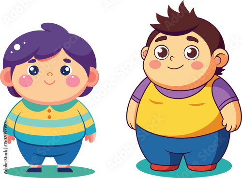 set of two chubby, funny, fat kids vector illustration